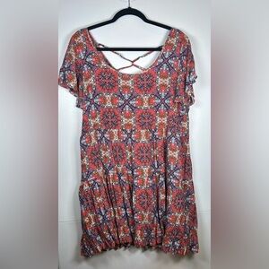 Balletcore JODIFL Red/Blue Patterned Mini Dress w/ Criss Cross Back. Size Large